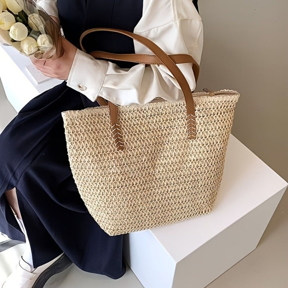 Beach Bag Straw - Borsa Tote in Paglia Intrecciata Monocolore