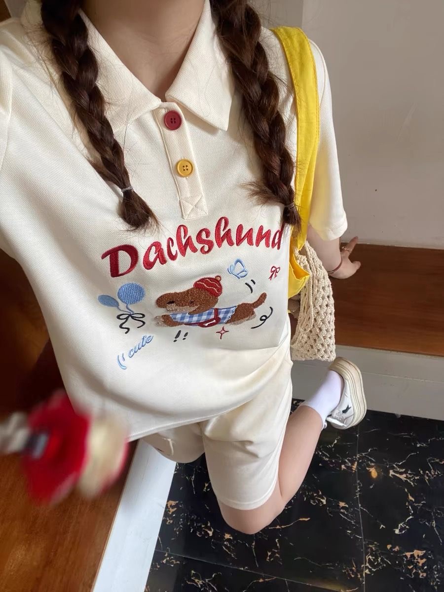 Summer Clothing For Japan - Polo stile giapponese con cane ricamato